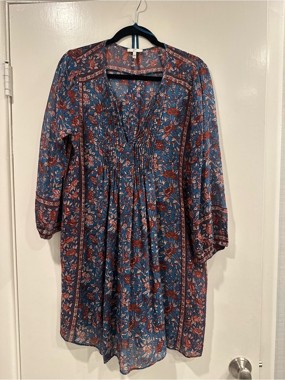 Joie Floral Pintuck Long-Sleeve Dress in Teal and Rust